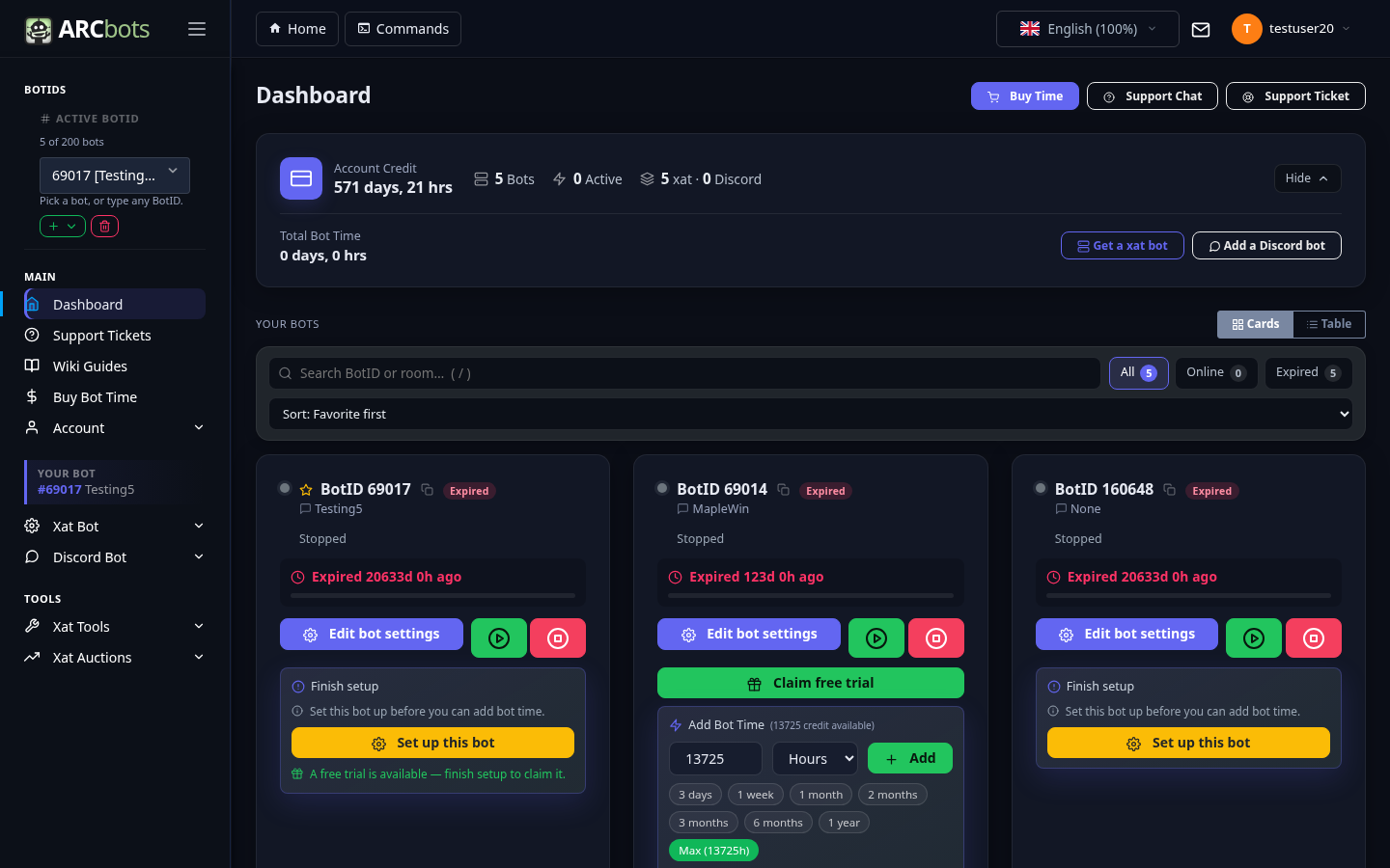 The ARCbots dashboard managing multiple bots
